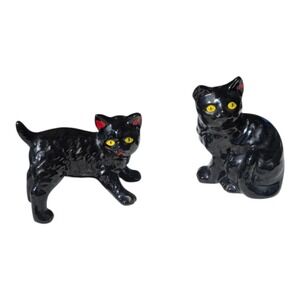 VTG Enesco Japan Black Cat Salt Pepper Shakers Yellow Eyes Halloween Set